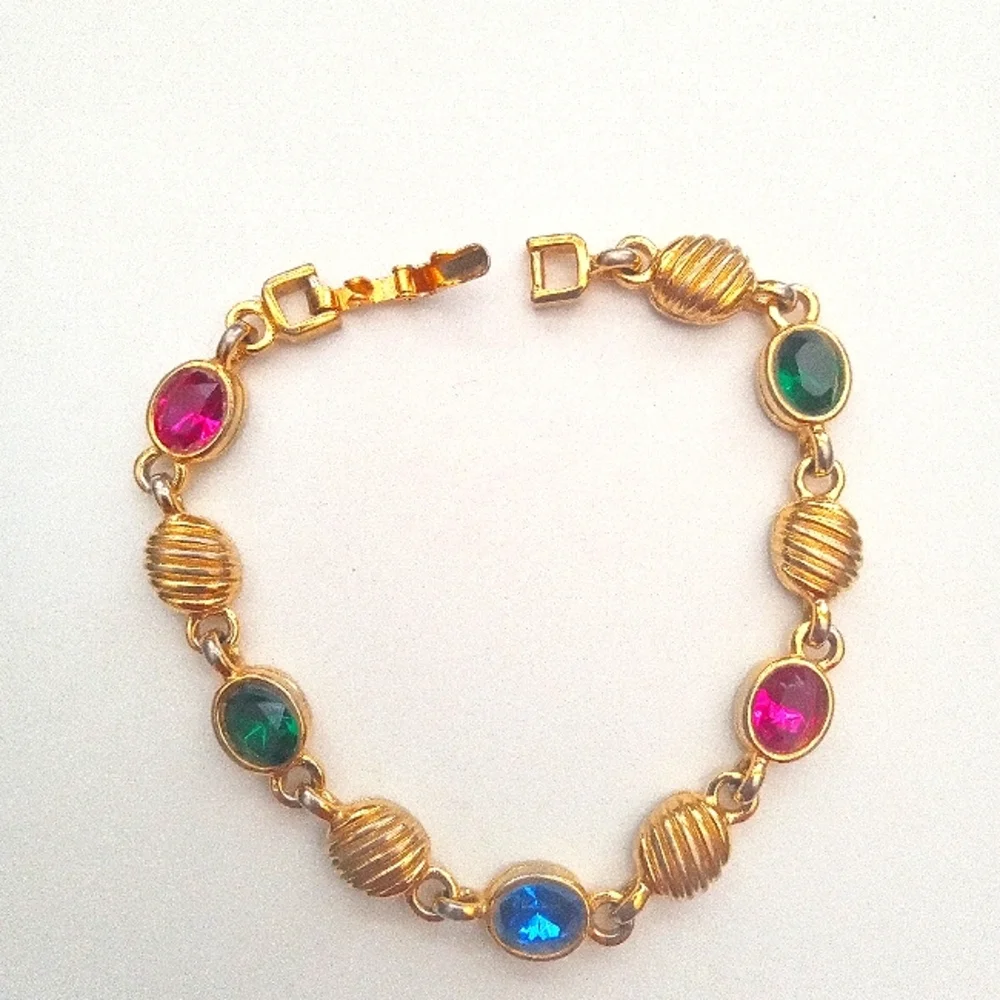 Multi Color Gemstone/Crystal Link Tennis Bracelet Textured Gold Tone Beads 1980s - Picture 4 of 5